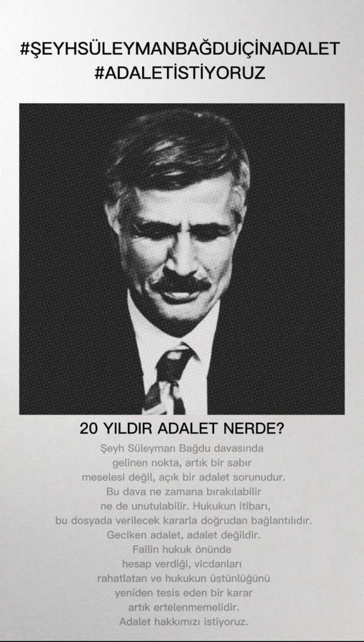 PnarTek03323308's tweet photo. @BagduCinar Yargıtay’dan adalet bekliyoruz. Güçlülerin değil, herkesin hakkı korunmalıdır.

#ŞeyhSüleymanBağduİçinAdalet #Adaletİstiyoruz
@abakingurlek @RTErdogan @adalet_bakanlik @canalpekrem j https://t.co/yaS2tEpGya