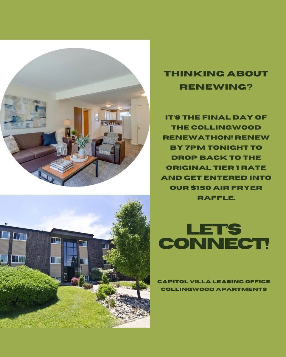 LiveCapVilla's tweet photo. Final call for the Collingwood Renewathon ⏰ Renew your lease by 7PM tonight to lock back in the original Tier 1 renewal rate. Anyone who renews will also be entered into our $150 air fryer raffle! #LIveDTN #EL #EastLansing #Capvilla https://t.co/ALhKU74Cke