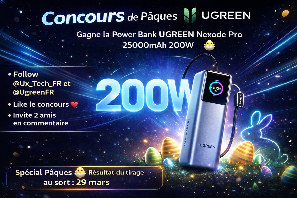 🍀 Concours avec Ugreen France 🍀
Tentez de remporter une PowerBank Ugreen Nexode Pro 200W ⚡️

👉 Follow <a href="/UX_Tech_FR/">UX Tech</a> et <a href="/UgreenFR/">UgreenFr</a>
👉 RT et Likez ce post
👉 Invitez 3 amis en commentaire

Le gagnant sera tiré au sort le 29 mars 2026 à 19h

#Ugreen #Concours #Chance #Nexode
