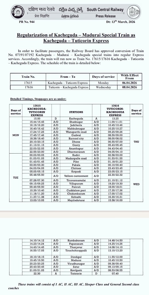 CUDRUA's tweet image. 17615/17616 #Kacheguda - #Thoothukudi weekly exp via Ananthpur, Chittoor , Tiruvannamalai, #Panruti, #Cuddalore port , #Chidambaram,Thanjavur,Trichy ,
Madurai
 
KCG - TN on Monday
TN- KCG on Wednesday