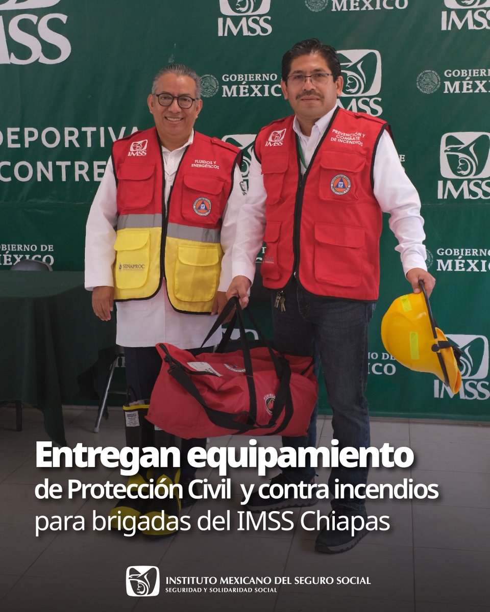 🚨 La prevención protege vidas

Para fortalecer la seguridad en inmuebles de #IMSSChiapas se entregó equipo a brigadas internas de Protección Civil que actúan ante emergencias. Se distribuirán 2,130 chalecos, equipos contra incendios y diversos insumos.