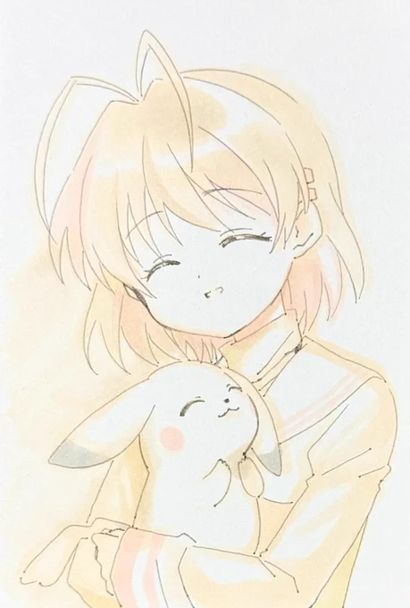 1321日目のアナログイラストはCLANNADの古河渚とぽこ あ ポケモンのうすピカチュウです。 尊いイラストありがとうございます樋上いたる先生……!