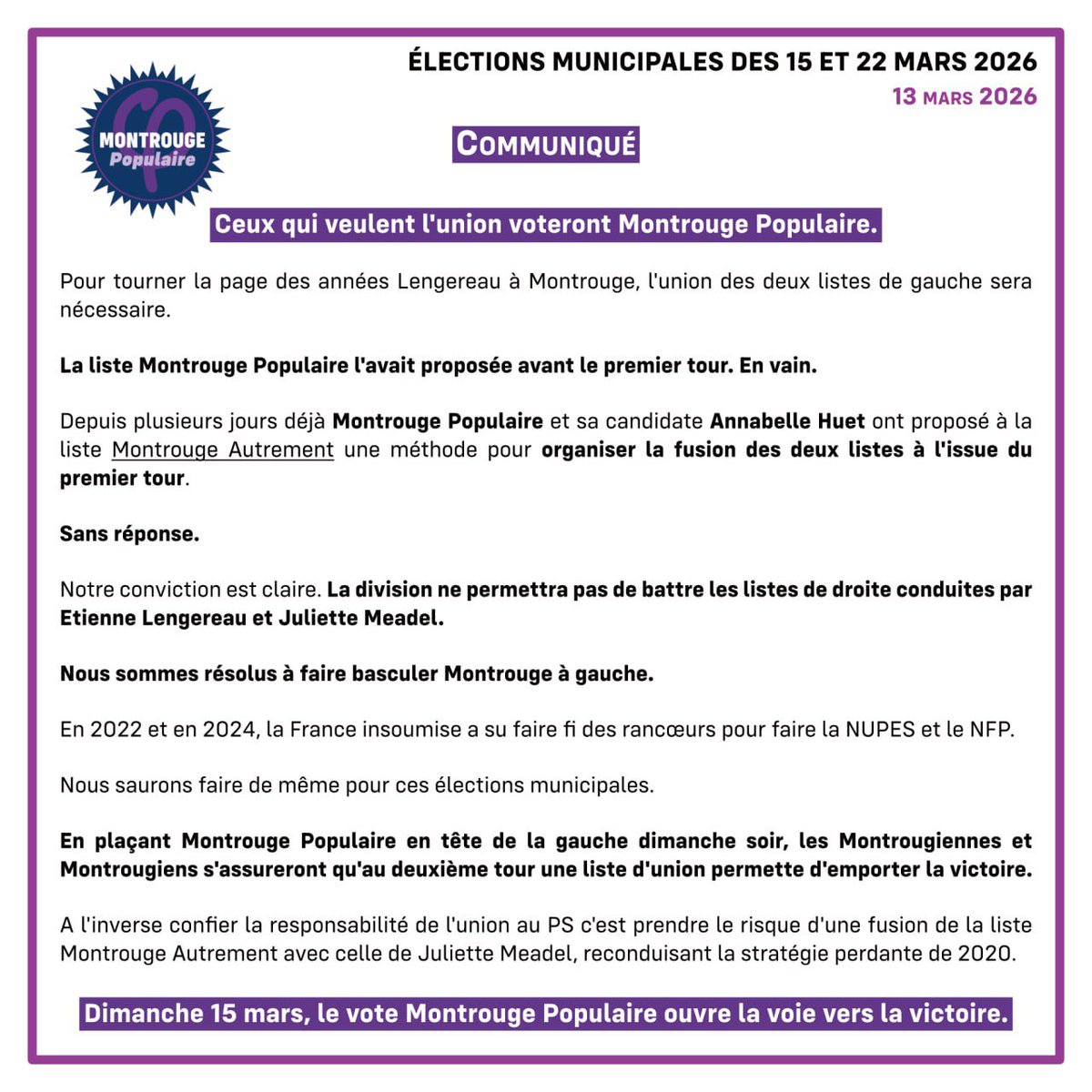 MontrougePop's tweet photo. Déclaration de la liste Montrouge Populaire.

Placez nous en tête de la gauche dimanche soir et nous nous assurerons qu'au second tour, une liste d'union permette d'emporter la victoire.

#DimancheJeVoteLFI #montrouge https://t.co/bU52hKam1F