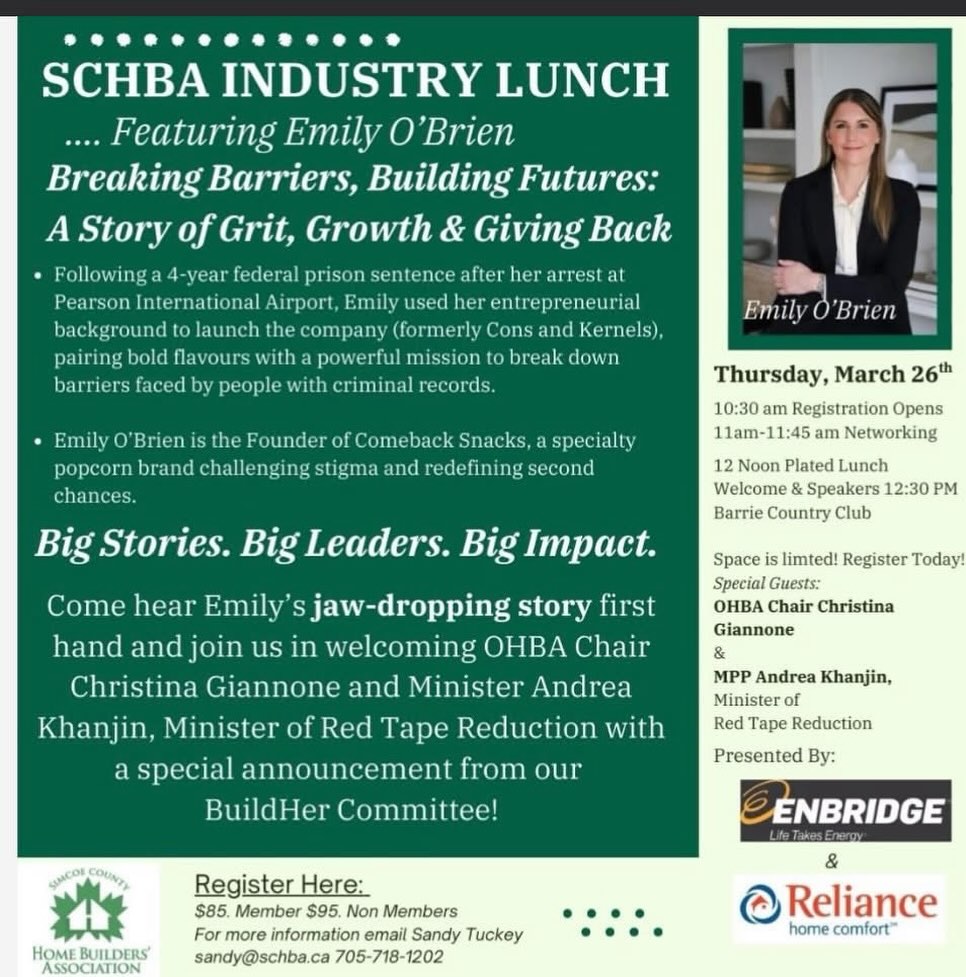 BarrieChamber's tweet image. Breaking Barriers. Building Futures.
Join us March 26 for the SCHBA Industry Lunch featuring Emily O’Brien, founder of Comeback Snacks. Hear her powerful story of resilience &amp;amp; second chances. Plus a special announcement.

🎟 Register: bit.ly/3NsAeWY
#SCHBA #ComebackStory