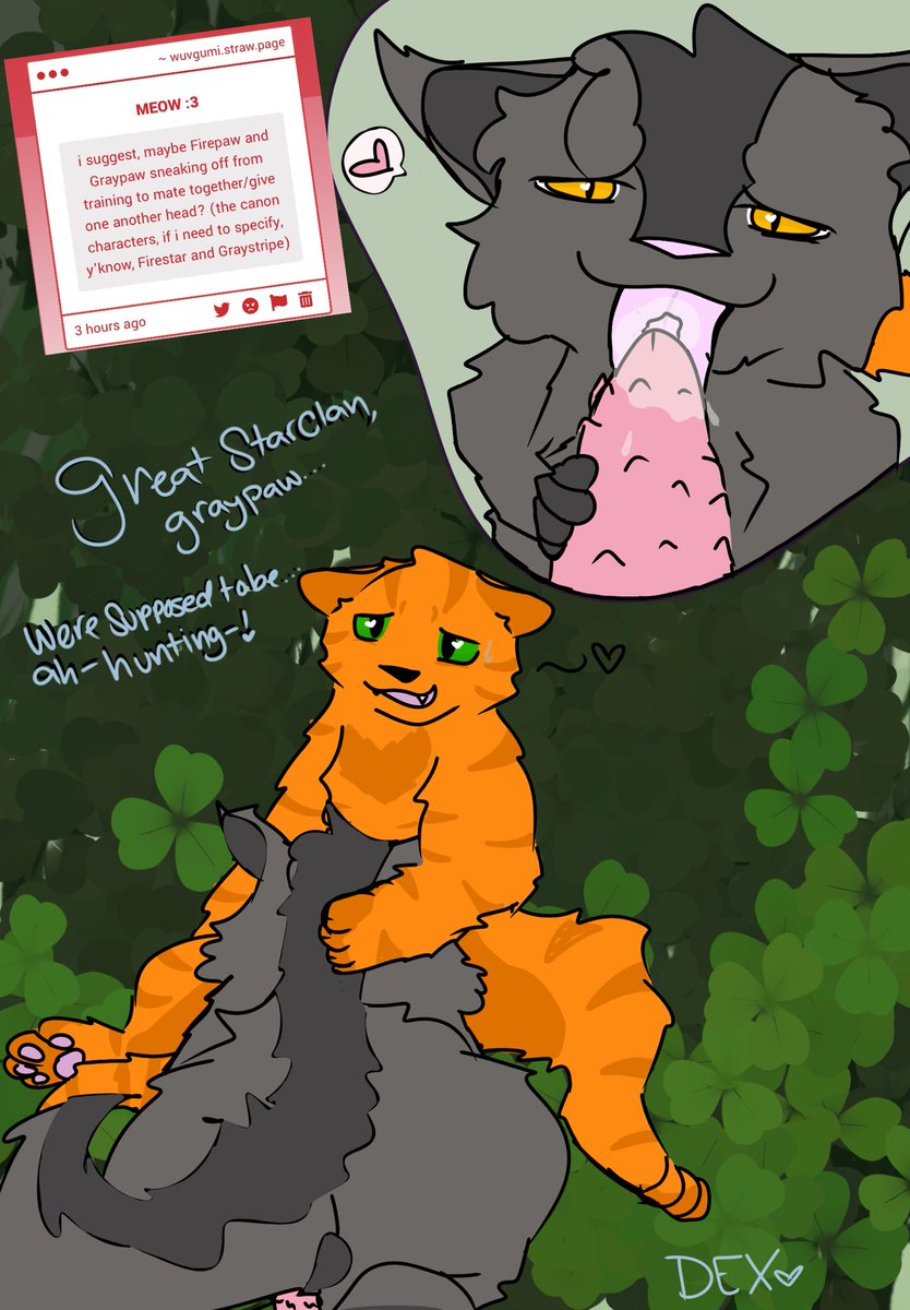 wuvgumi's tweet photo. good morning 😋

first anon request done… im really happy with how it turned out (i didn’t go back and fix anything oops) 

grayfire were supposed to be hunting but gray had other ideas !!  #fighterfelines #warriorcatsnsfw #feralnsfw #furrynsfw https://t.co/4E1JV3osWS