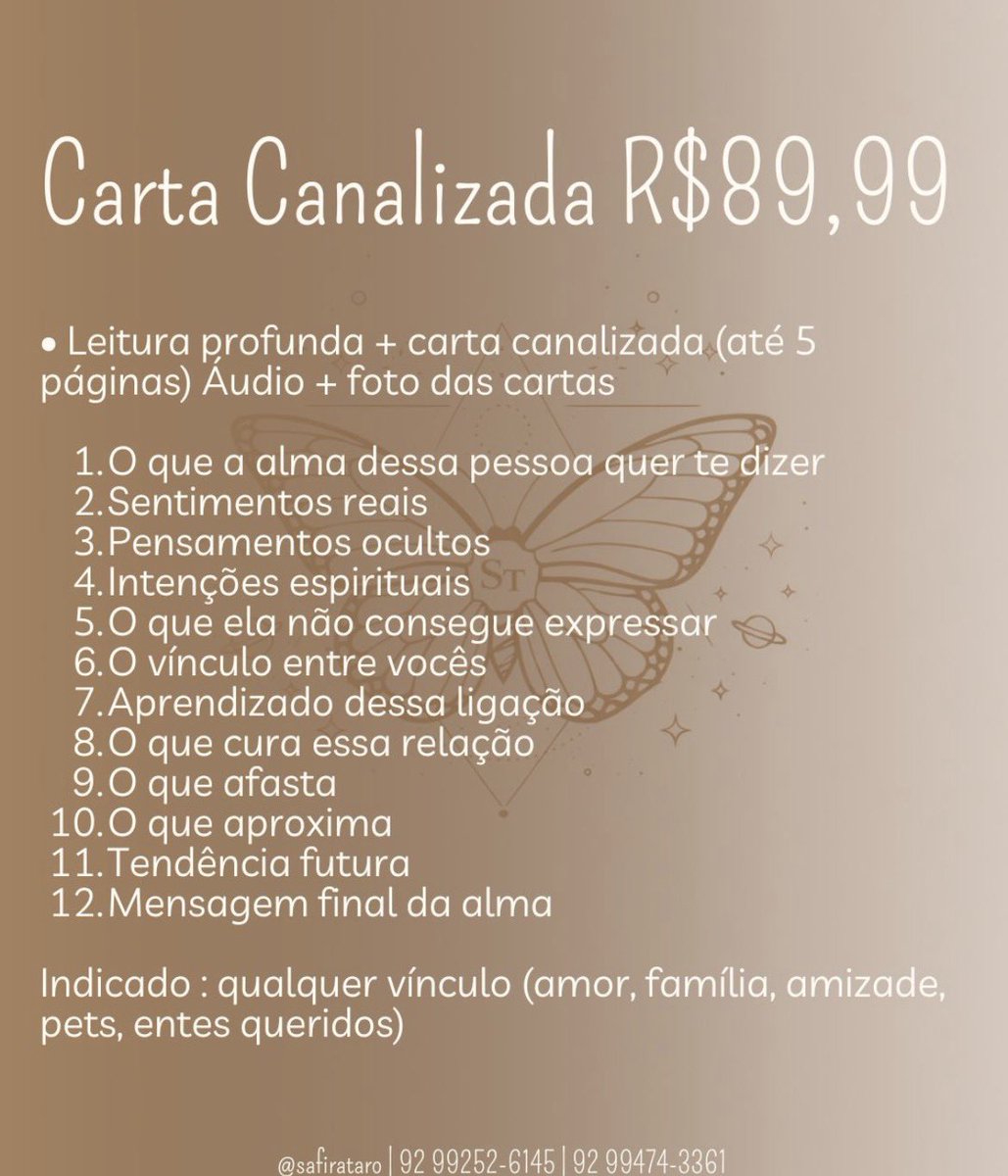 safirataro's tweet photo. 📜 Carta Canalizada – R$89,99
✨ Mensagem profunda da alma, sentimentos, intenções e propósito do vínculo.
🎧 PDF + áudio + foto das cartas.
👉 Agende via link: https://t.co/sESZ0HjIEE

92 99474-3361 https://t.co/vaZNFHSgJc