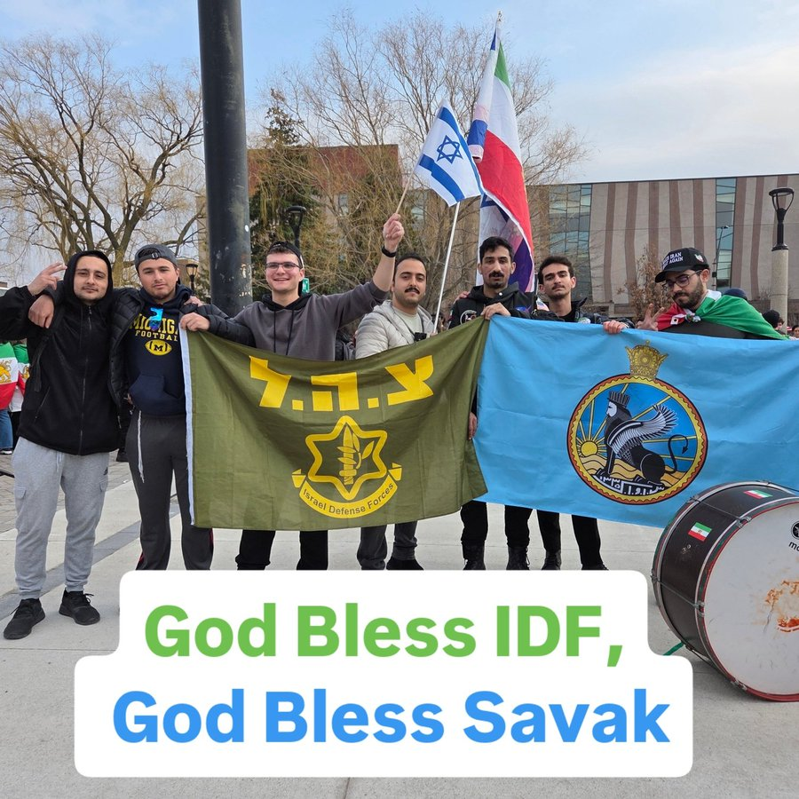 The flag of SAVAK, the Shah’s torturing secret police active until the late 1970s, was displayed alongside an IDF flag at a monarchist demonstration in Toronto. Naturally, no arrests were made, and no ID checks were carried out.