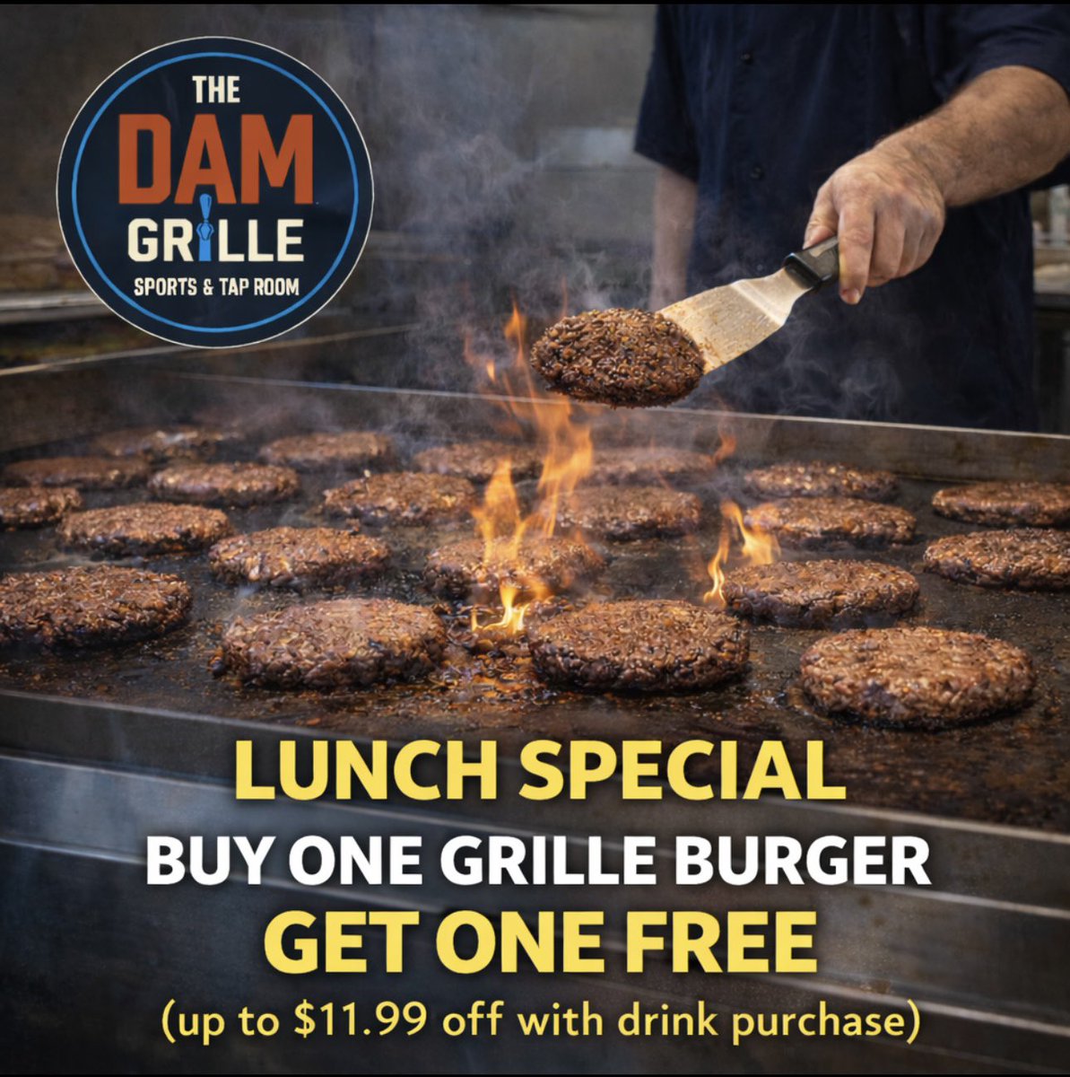 TheDamGrille's tweet photo. Friday lunch just got better. 🍔🔥
Lunch Special:
Buy one grille burger, get one FREE
(up to $11.99 off with drink purchase)
Mon–Fri • 11–2 at The Dam Grille.
Bring a friend.
#DenverEats #DenverSportsBar #WeekdaySpecials https://t.co/Jn4maTG9lC