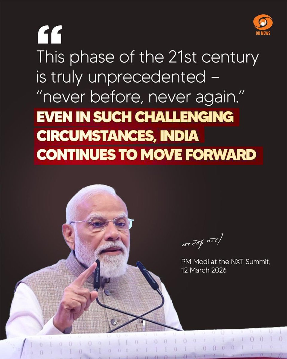 DDNewslive's tweet photo. This phase of the 21st century is truly unprecedented — “never before, never again.” Even in such challenging circumstances, India continues to move forward.

#PMModiAtNXT #NXTConclave2026 https://t.co/Q1GAKlDgjC