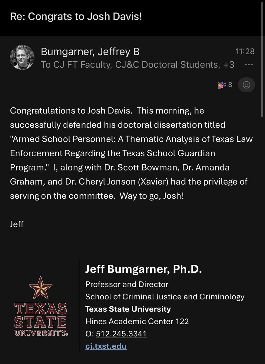JDavis983's tweet photo. Yesterday I successfully defended my doctoral dissertation. Special thanks to my committee for helping me reach this milestone Drs. Jeff Bumgarner, Scott Wm. Bowman (@DrScottBowman ) Amanda Graham (@agrahamphd) and Cheryl Lero Jonson (@CLeroJonson). @TXST_CJC https://t.co/0i3iBalVOq