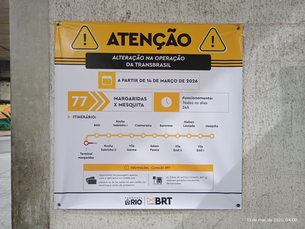 🚍 VEM AÍ

Um primeiro vislumbre da nova linha de ônibus do BRT Metropolitano, que vai ligar o Terminal Margaridas à cidade de Mesquita, na Baixada Fluminense.

O novo serviço 77 Margaridas x Mesquita vai realizar 11 parada circulando por 24h