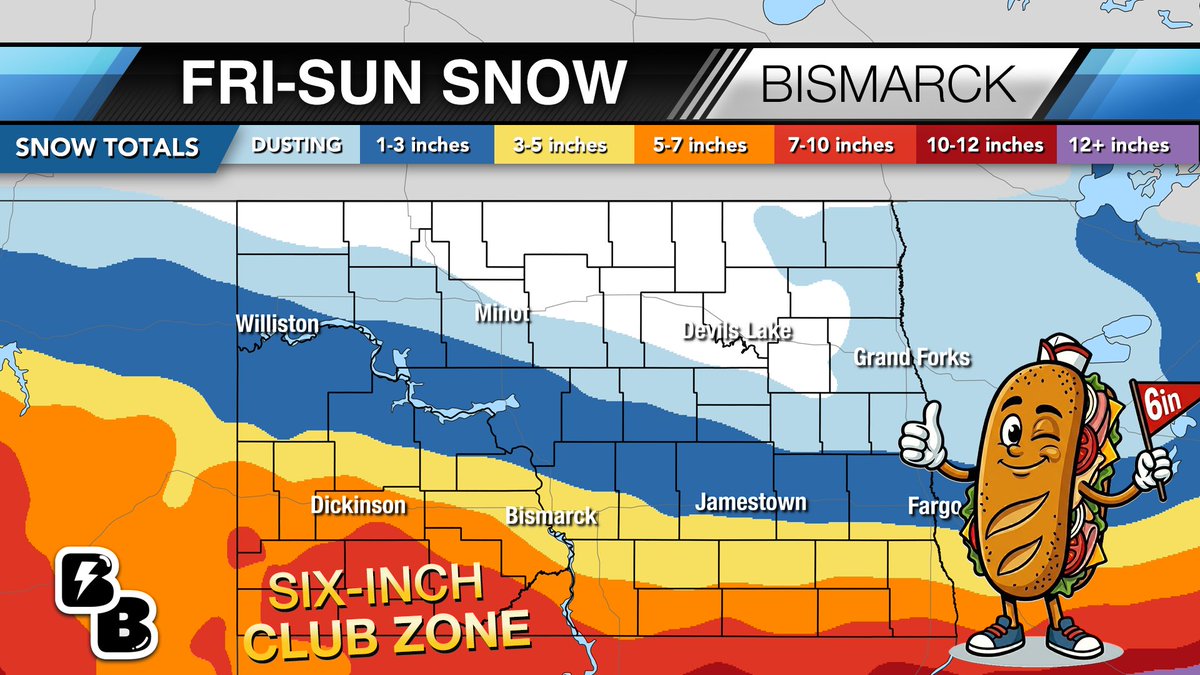 Six-Inch Sammy is back in action declaring someone in southwest North Dakota is going to get a serving of six inches Saturday night across the southwest part of the region. #ndwx
