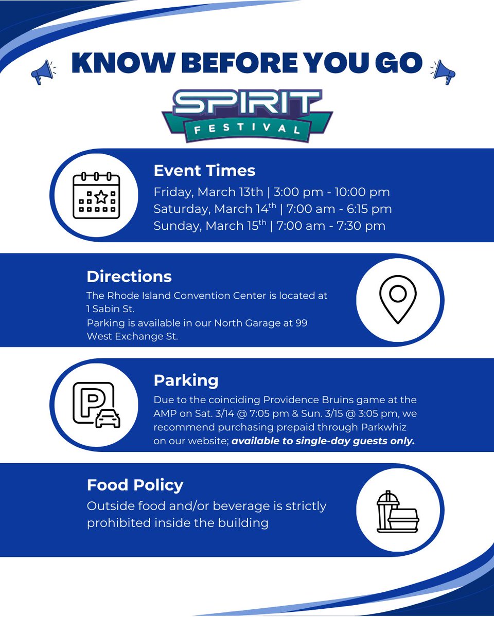 RIConvention's tweet photo. ‼️IMPORTANT INFO FOR 2026 SPIRIT FEST GRAND NATIONALS‼️Reserve your spot on Parkwhiz ➡️ https://t.co/jBmcVqzEqb

OVERNIGHT/MULTI-NIGHT GUESTS: Please pull a ticket when you enter &amp; pay at kiosk on exit

#SpiritFest2026 #SpritFestGrandNationals2026 #RIConventionCenter #RIEvents https://t.co/K4nDWIFVdm