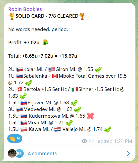 🏆𝐒𝐎𝐋𝐈𝐃 𝐂𝐀𝐑𝐃 - 𝟕/𝟖 𝐂𝐋𝐄𝐀𝐑𝐄𝐃🏆
Profit: +7.02u
Total: +8.65u+7.02u = +15.67u 

Medvedev was literally free money. ATP/WTA Indian Wells made us good profits so far. 
Soon Miami Open.

Partner of growth imperium <a href="/LuckysBet/">luckysledger</a>