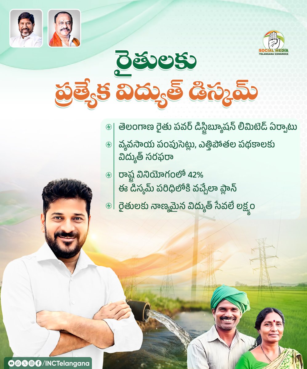 INCTelangana's tweet photo. రైతులకు ప్రత్యేక విద్యుత్ డిస్కమ్
తెలంగాణ రైతు పవర్ డిస్ట్రిబ్యూషన్ లిమిటెడ్ ఏర్పాటు
వ్యవసాయ పంపుసెట్లు, ఎత్తిపోతల పథకాలకు విద్యుత్ సరఫరా
రాష్ట్ర వినియోగంలో 42% ఈ డిస్కమ్ పరిధిలోకి వచ్చేలా ప్లాన్
రైతులకు నాణ్యమైన విద్యుత్ సేవలే లక్ష్యం
@revanth_anumula
#RythuDiscom
#FreePowerAgri
#PrajaPrabhutvam
#TelanganaRising