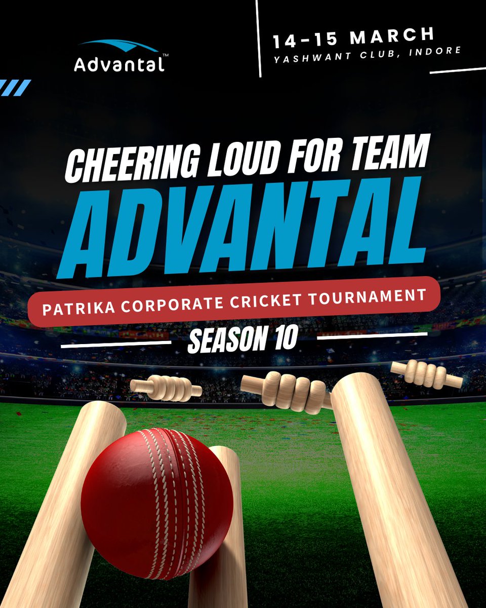 Advantal's tweet photo. Team Advantal competes at 🏆 Patrika Corporate Tournament Season 10, alongside the biggest corporate names in the city.
📍 14-15 March at Yashwant Club, Indore.

🏏🏃‍♂️ Every run. Every wicket. 🙌We are behind you. Go, Team #Advantal

#CorporateCricket #PatrikaCorporateTournament https://t.co/rnp7Q9tok9