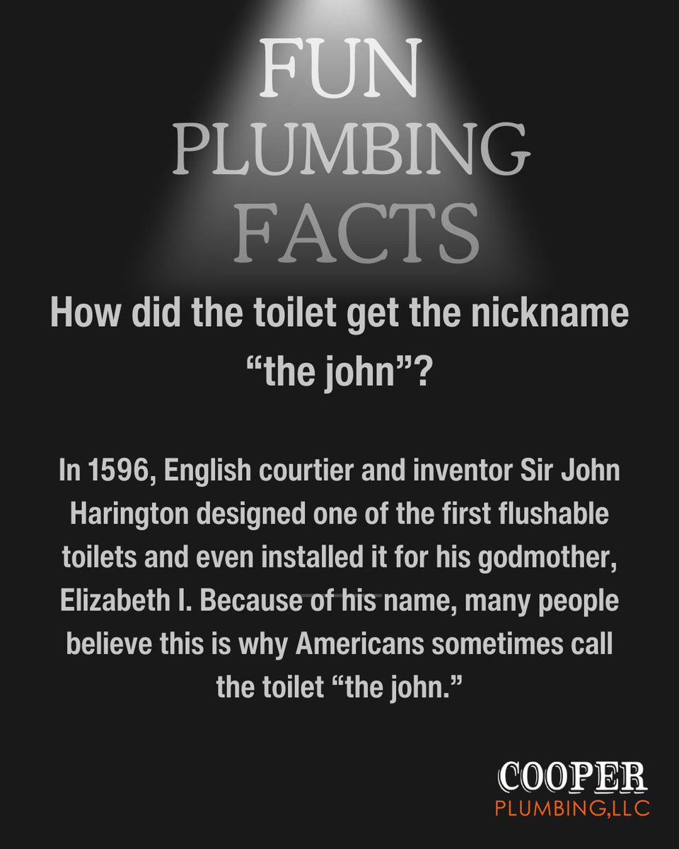 PlumbingCooper's tweet image. FUN PLUMBING FACTS: How did the toilet get the nickname "the john"? 

cooperplumbinghouston.com 

#cooperplumbinghouston #funplumbingfacts #PlumbingFacts #PlumbingTrivia #PlumbingHistory #DidYouKnowPlumbing #PlumberLife #PlumbingTips #PlumbingKnowledge