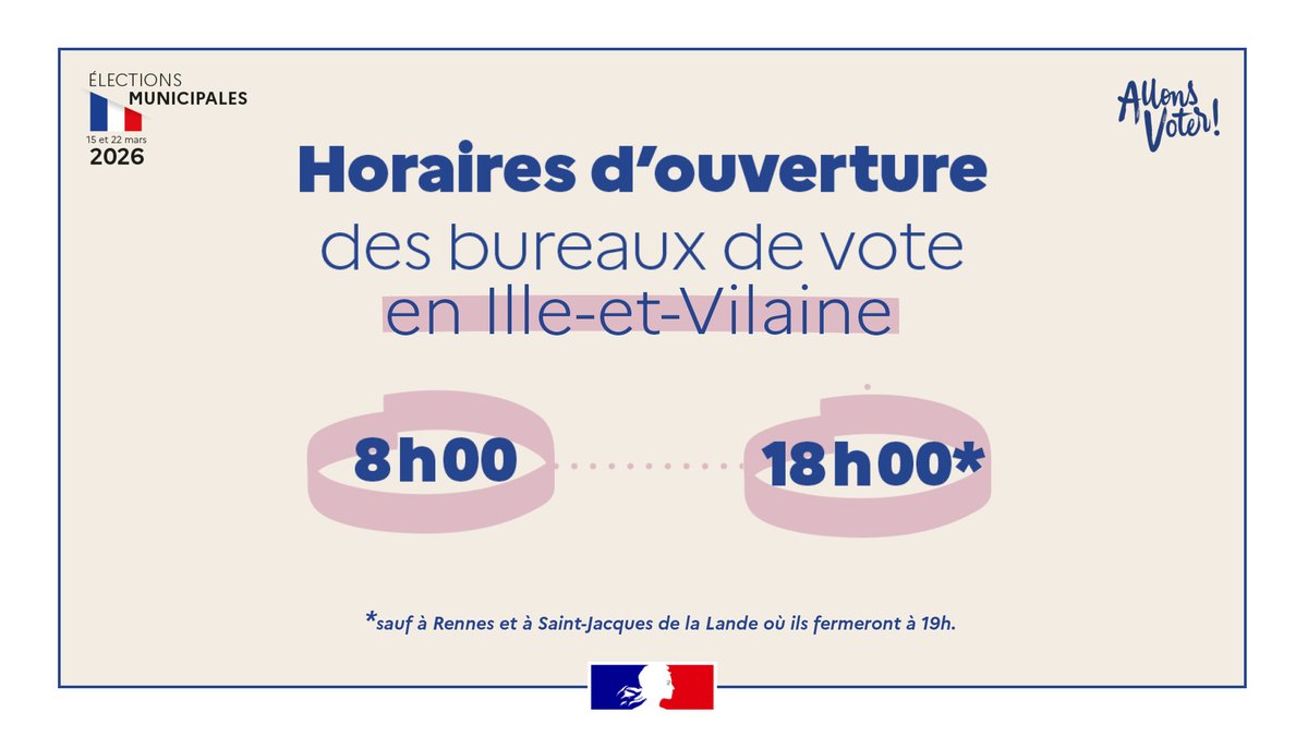 Image de Préfet de Bretagne et d'Ille-et-Vilaine - #Municipales2026 I 🗳 Les bureaux de vote des communes en #IlleEtVilaine seront ouverts de 8h à 18h,