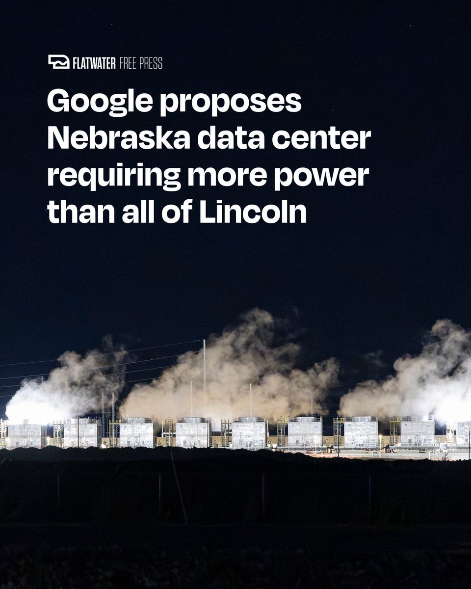 flatwaterfreep's tweet photo. Google has privately proposed building a new data center in Nebraska that could require three times the amount of electricity needed to power all of Lincoln during the hottest months of the year, according to documents obtained by Flatwater. 

🔗 https://t.co/8lM4AvJUc3 https://t.co/sEncHwONxG