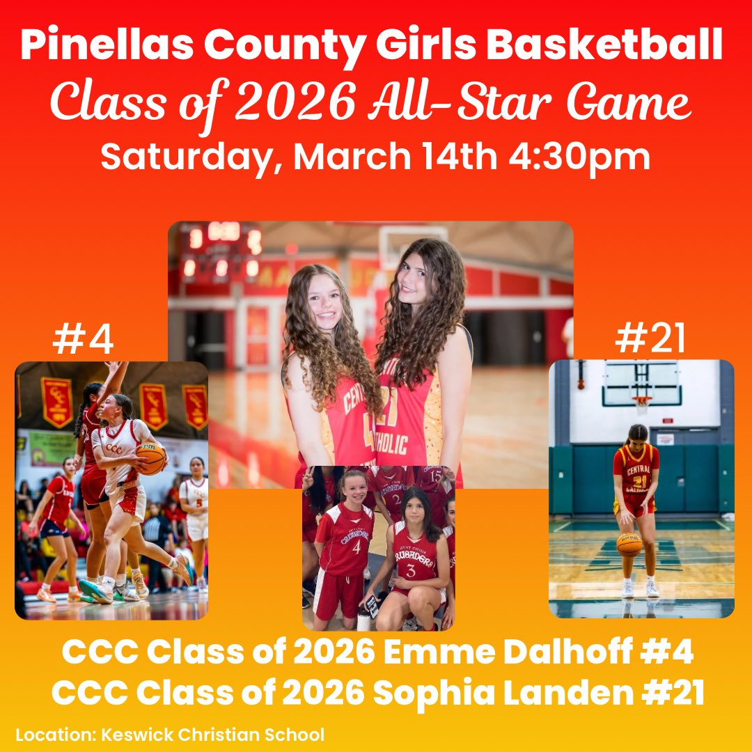 ccc_girls_bball's tweet photo. Come out and show your support on Saturday, March 14th at 4:30pm at Keswick Christian School for the Pinellas County All-Star Game for the Class of 2026.

CCC seniors Emme Dalhoff and Sophia Landen will be competing, coached by Coach Gowski and Coach Bianchi. 🏀👏

@CCCMarauders https://t.co/FHT4vYr58n