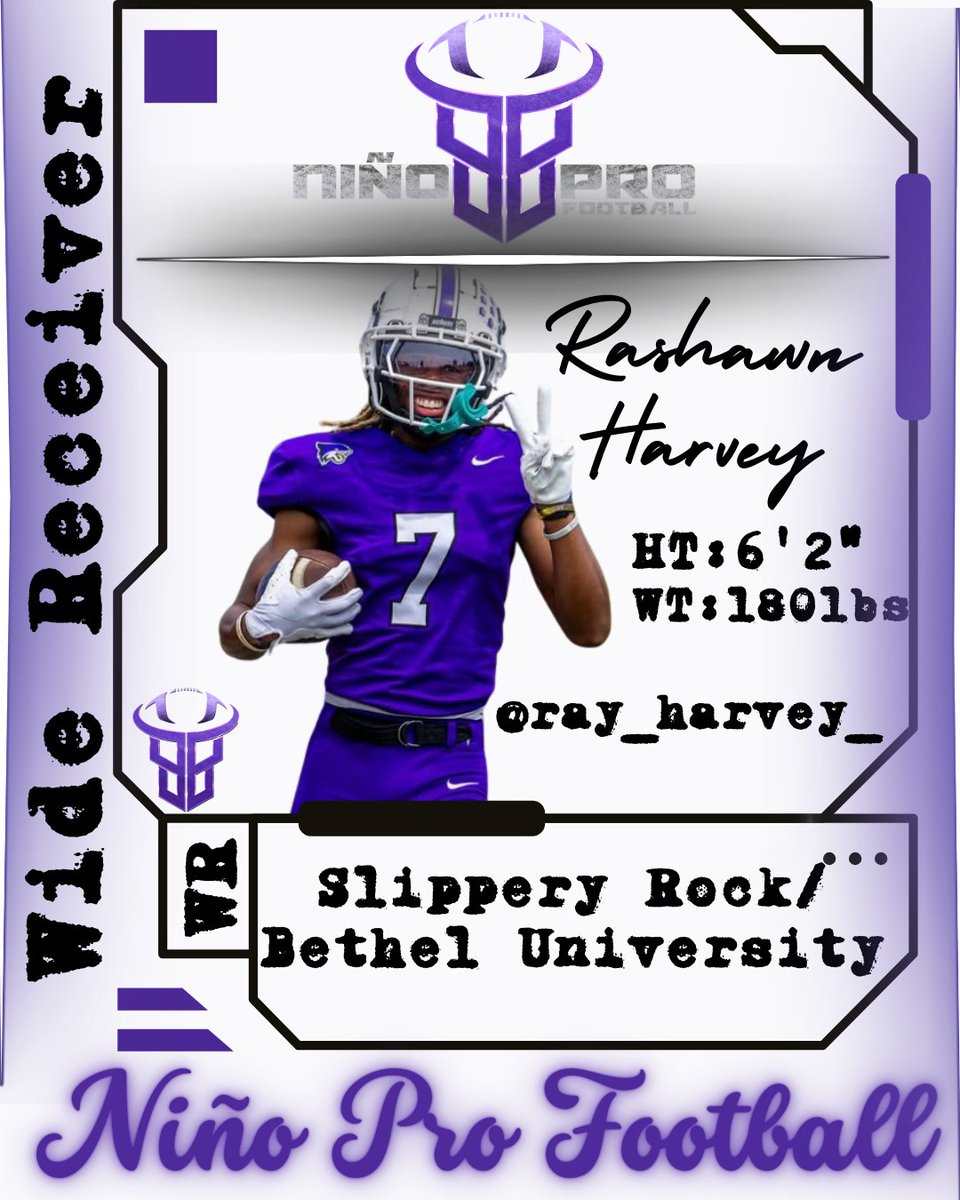 ninoprofootball's tweet photo. Please join me in welcoming @Ray_Harvey_  to Niño Pro 🏈‼️

Rashawn Harvey - WR
Height/Weight: 6'2" 180 lbs
College: Edinboro University/West Liberty University/Slippery Rock University/Bethel University 

🚨Athlete Profile🚨
Rashawn Harvey is a gifted athlete and a premier wide receiver who operates with optimal focus and blazing speed, making him a consistent, explosive big-play threat every time he steps onto the field. He possesses the elite toughness required to make highly contested catches over the middle in heavy traffic, seamlessly pairing that grit with the elite body control needed to reel in touch back-shoulder grabs along the boundary. Once the ball is in his hands, his sheer determination takes over as he fights for every possible yard after the catch.

His collegiate resume is nothing short of spectacular, boasting the exact kind of high-end production evaluators look for in a true WR1. An elite D2 All-American with First Team and Second Team All-Conference honors under his belt, Rashawn started all 28 games of his career and consistently lit up the stat sheet. He racked up 172 career receptions for a massive 2,221 yards and 13 touchdowns. His year-over-year impact is undeniable: from a 51-catch, 696-yard (3 TD) campaign, to a dominant 71-catch, 971-yard (8 TD) season where he also added 284 kick return yards, to a blistering 50-catch, 554-yard (2 TD) performance in just 7 games.

With a proven track record of finding the end zone and putting exclamation points on drives, Harvey has an incredibly bright future ahead of him. As he gears up for the professional ranks, a Spring league opportunity is the perfect launching pad where his game is sure to translate immediately. Given his elite speed, route-running, and competitive drive, it's safe to say that once he gets his foot in the door, he will rise through the professional ranks quickly.

🔑Attributes
⚡ Elite Vertical Speed
⚡️ Catch-Point Concentration
⚡ Agressive YAC Mentality