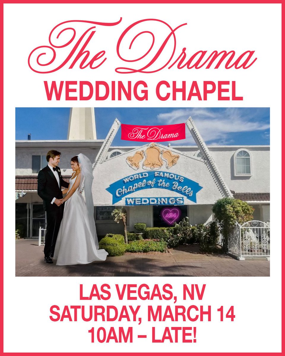 A24's tweet photo. What happens in Vegas… lasts forever. THE DRAMA Wedding Chapel, open for business for one day only. This altar is now fully booked. https://t.co/0tPt0YvL5V
