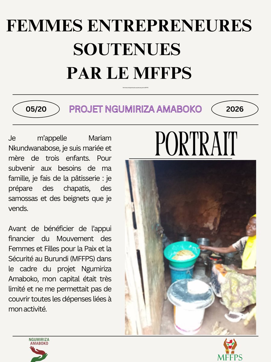 Burundi_mffps's tweet photo. À travers le projet Ngumiriza Amaboko, le #MFFPS met à l’honneur des femmes qui construisent leur autonomie et transforment leur avenir.
Pour ce cinquième portrait, nous vous présentons Mariam Nkundwanabose.
#GiveToGain
#NgumirizaAmaboko