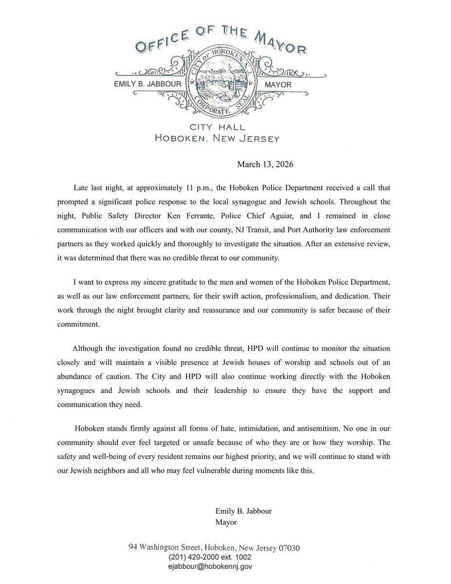 CityofHoboken's tweet image. #Hoboken City Officials Confirm No Credible Threat After Late-Night Hoboken Police Response:

Last night, @HobokenPD responded quickly to a reported threat near local synagogues + Jewish schools. After a thorough investigation, officials determined there is no credible threat.