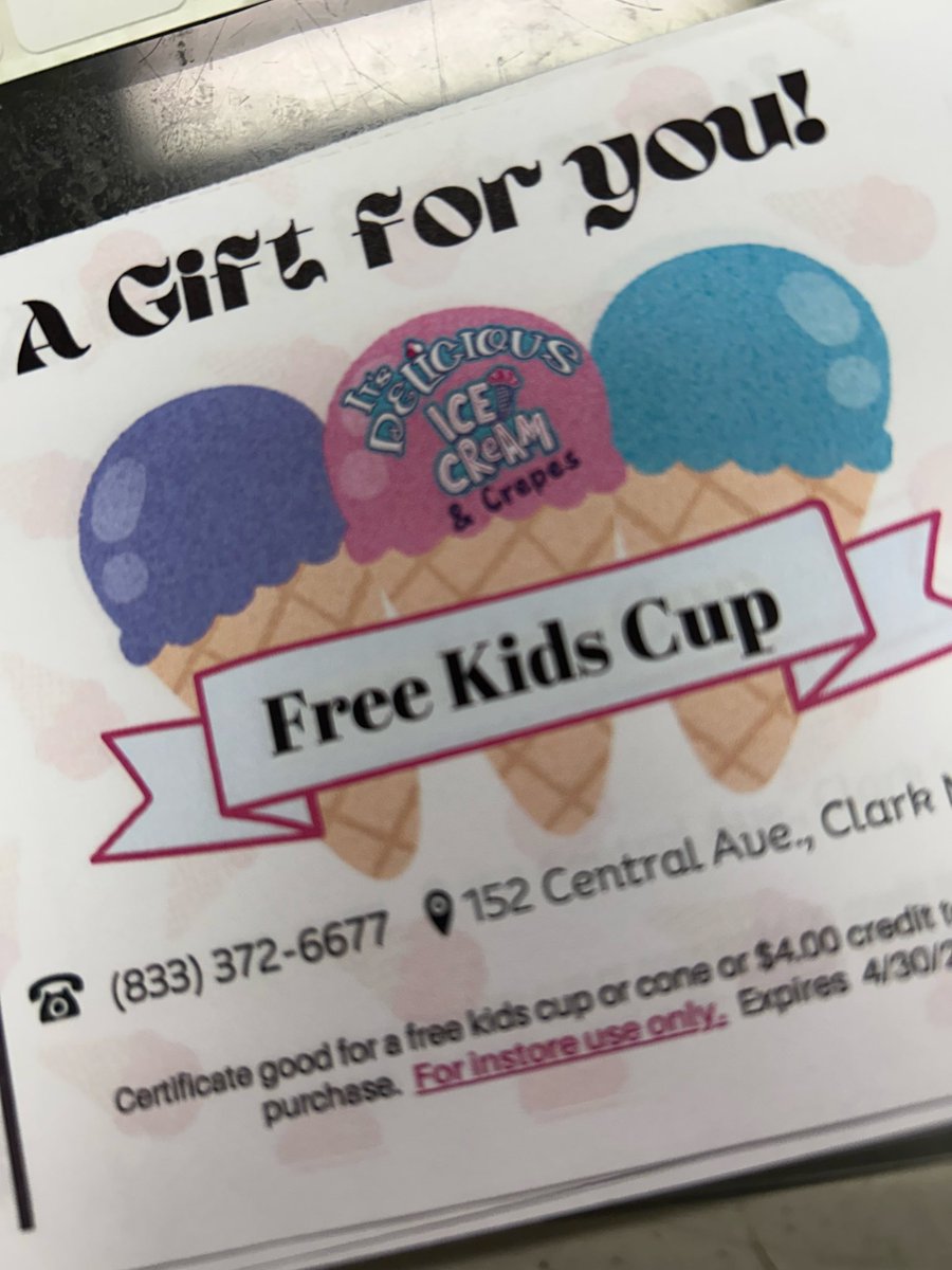 While supplies last…Celebrate ATTACK OF THE BASEBALL CARDS 44th Anniversary, today-Sunday with a Free Gift Kids Cup of Ice Cream at It's Delicious Ice Cream at 152 Central Ave. in Clark!!!