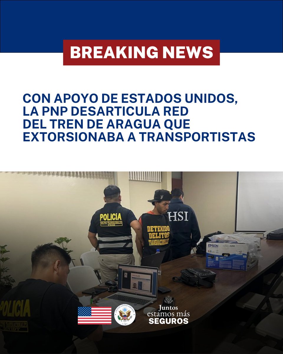 Con el apoyo de nuestra oficina HSI <a href="/DHSgov/">Homeland Security</a>, la <a href="/PoliciaPeru/">Policía Nacional del Perú</a> detuvo a presuntos integrantes de una rama del Tren de Aragua acusados de extorsionar a conductores de empresas de transporte en Lima y de cometer otros delitos que afectan la seguridad ciudadana.