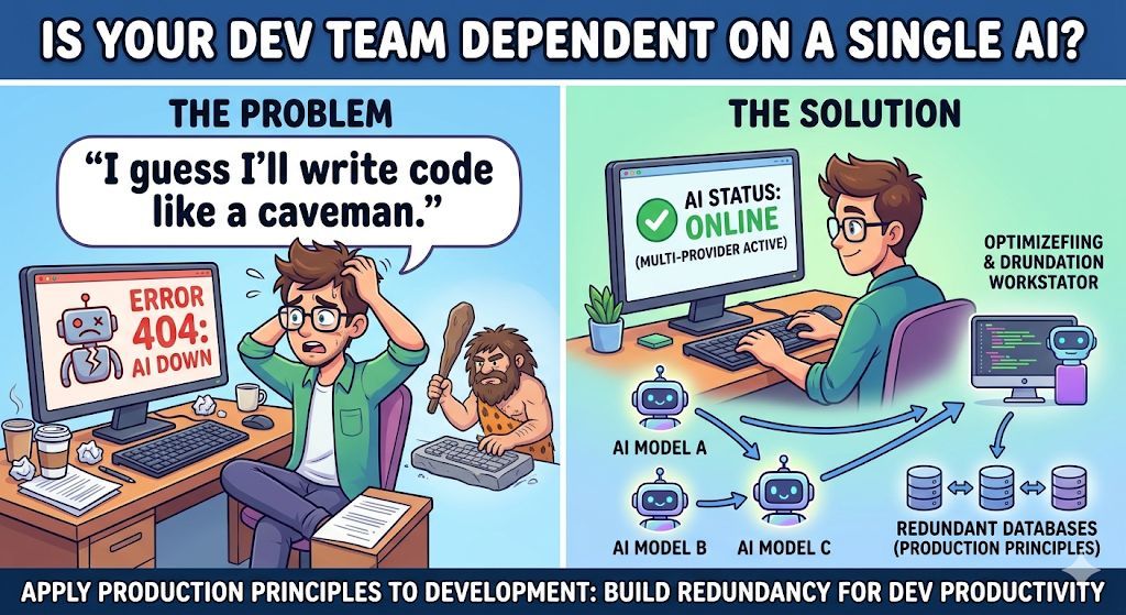 Claude went down this week. I saw developers posted: "I guess I'll write code like a caveman."

That sentence should terrify every CTO.

Not because AI tools go down. Everything goes down.

We would never let production depend on a single database. We build replicas, failover,