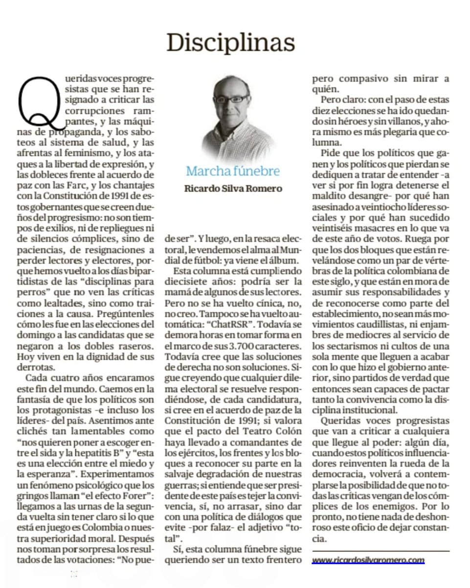 Mi columna de <a href="/eltiempo/">EL TIEMPO</a> en este viernes 13, Disciplinas, sobre las voces progresistas en tiempos bipartidistas de disciplinas para perros. 
 eltiempo.com/opinion/column…