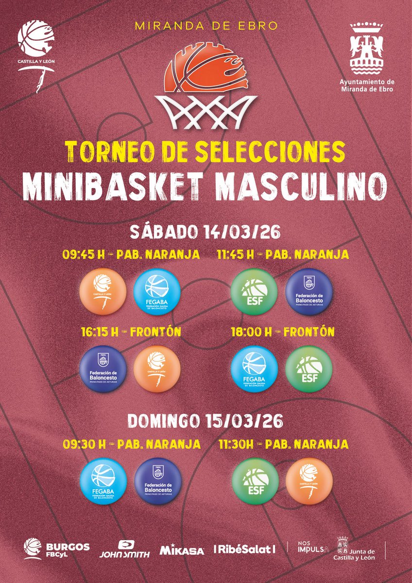 🏀 ¡Cuenta atrás para el Torneo de Selecciones Mini!

Desde mañana, Miranda de Ebro será el escenario donde las selecciones U12 de Castilla y León se medirán a Asturias, Galicia y Euskadi rumbo al #PlanetaMini2026 🚀

📅 14 y 15 de marzo
👉 fbcyl.es/noticias/2256