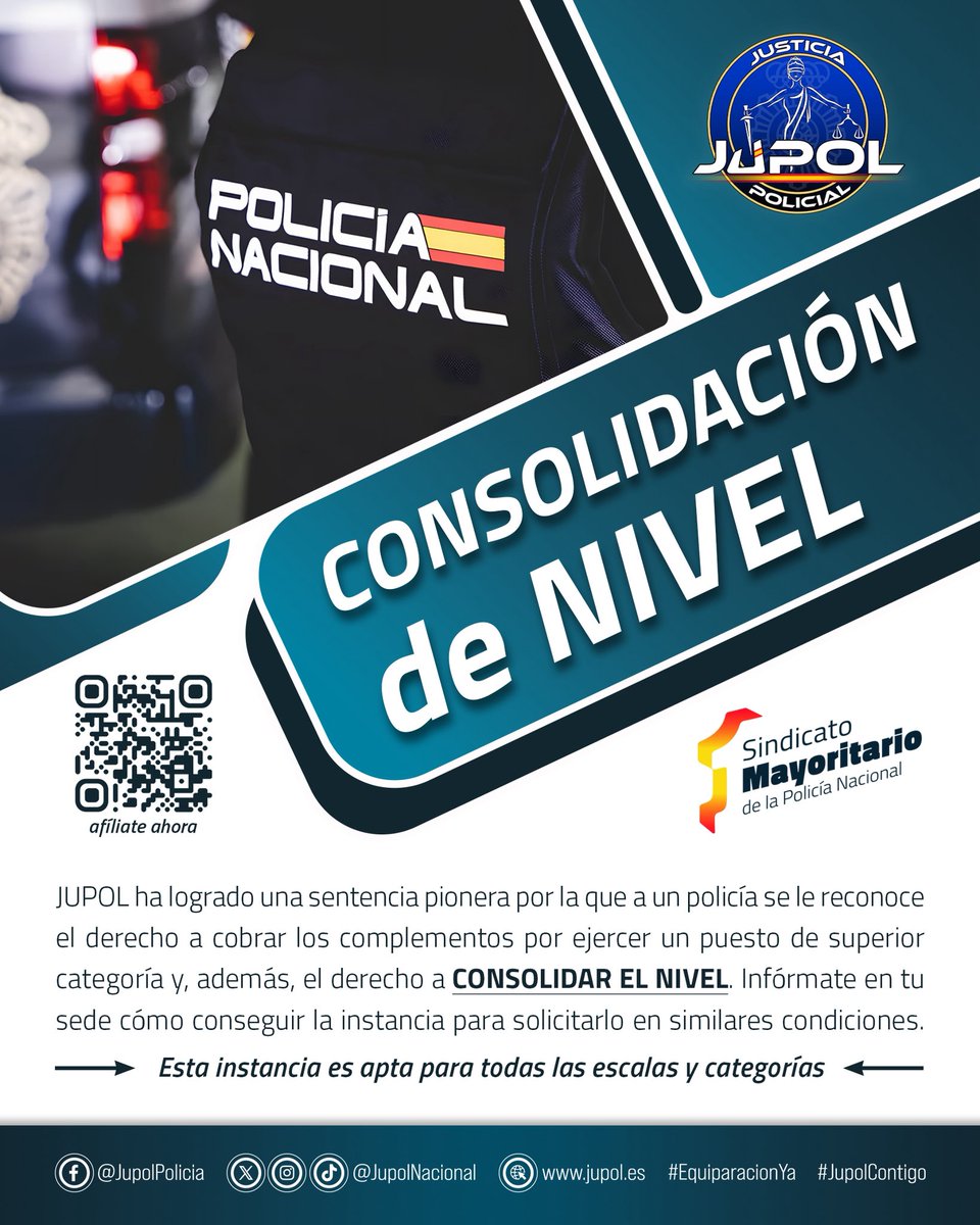 JupolNacional's tweet photo. 💥CONSOLIDACIÓN del NIVEL

🤩JUPOL ha logrado una sentencia pionera por la que a un policía se le reconoce el derecho a cobrar los complementos por ejercer un puesto de superior categoría y, además, el derecho a CONSOLIDAR EL NIVEL. Infórmate en tu sede cómo conseguir la instancia para solicitarlo en similares condiciones.

*️⃣Esta instancia es apta para todas las escalas y categorías.

😉Podrás pedir la Instancia o más información a nuestros comités y a Ágata, la Inteligencia Artificial de JUPOL, hecha por policías para policías.

ℹ️Más Info y comunicado: https://t.co/HAhcb3KTxz

✍️ Afíliate AQUÍ al Sindicato Mayoritario de la Policía Nacional: https://t.co/LmlHIwaD48 *Hazlo ahora y evita las cuotas dobles de junio y diciembre. Con mejores coberturas jurídicas y asistenciales, y con un ahorro mínimo de 20€/año. Además te presentamos esta Instancia.