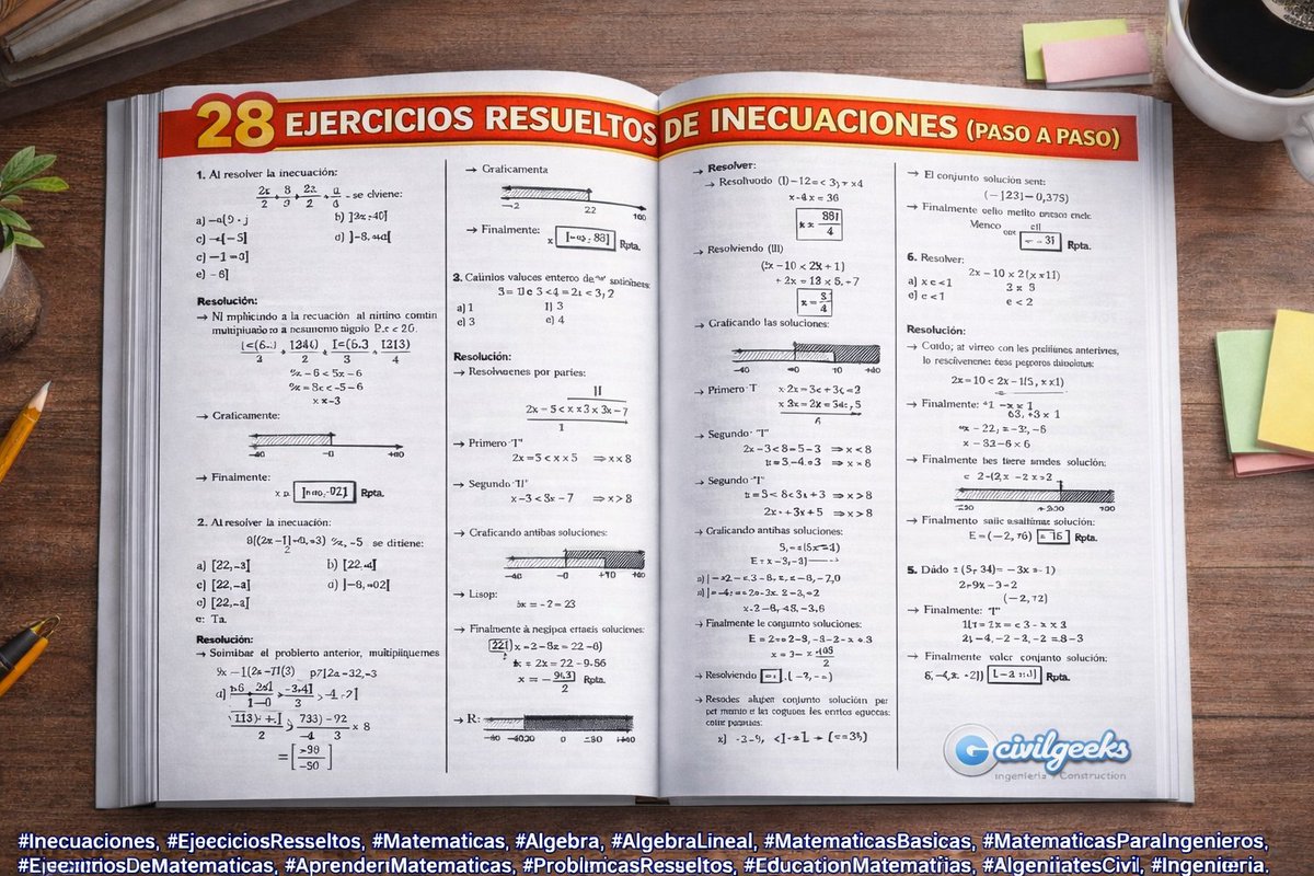 CivilGeeks's tweet image. 📘 28 ejercicios resueltos de inecuaciones (Paso a Paso)

Un material útil para estudiantes que desean reforzar álgebra y comprender mejor cómo resolver desigualdades. 

📥 Ver aquí
 civilgeeks.com//?p=59210

#Matematicas #Algebra #Inecuaciones #CivilGeeks