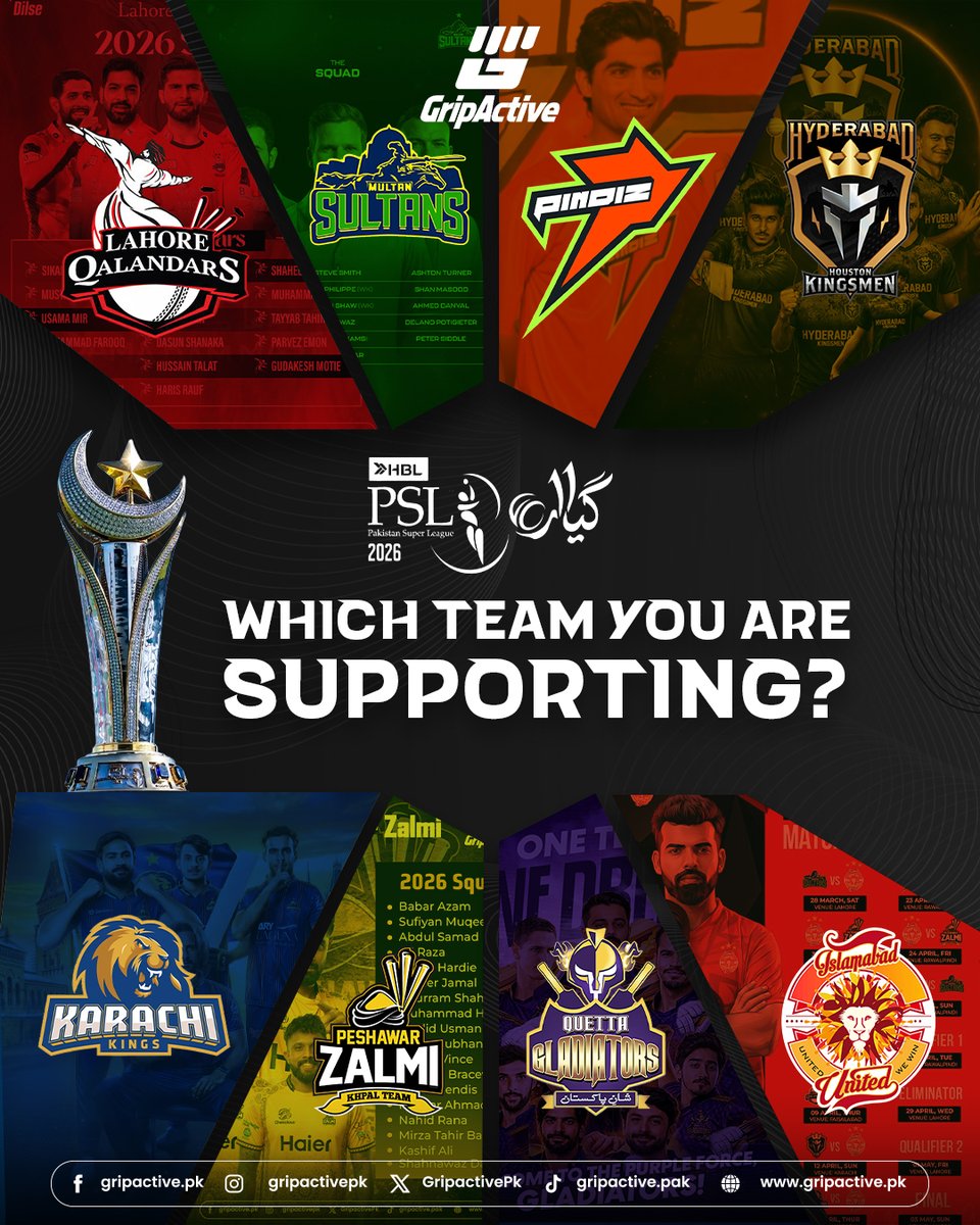 GripactivePk's tweet photo. The battle for the trophy begins!
8 teams. One dream.

Lahore Qalandars ❤️
Multan Sultans 💚
Rawalpindi Pindiz 🧡
Hyderabad Kingsmen 🖤
Karachi Kings 💙
Peshawar Zalmi 💛
Quetta Gladiators 💜
Hyderabad Kingsmen 🖤
Islamabad United ❤️‍🔥
#GripActive #PSL2026 #PSL #NewEra #t20cricket https://t.co/npwwAvmZgP