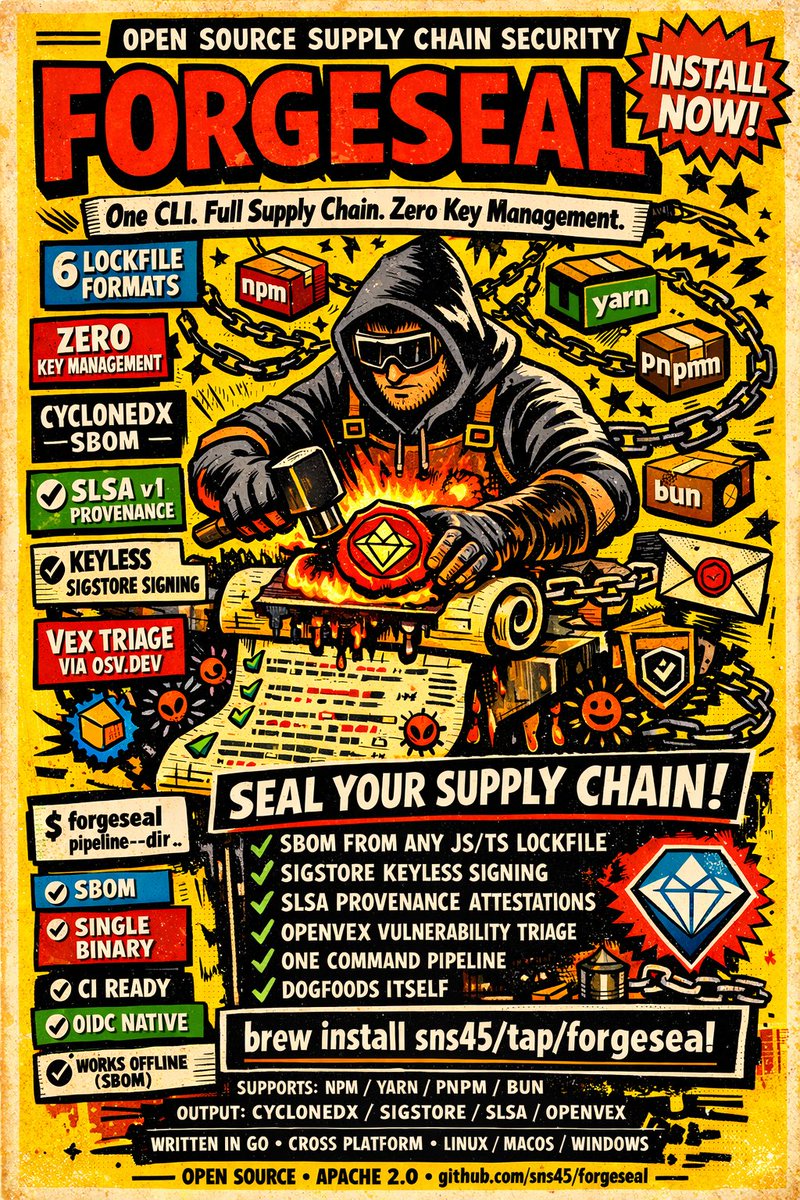notifyshantanu's tweet photo. The EU Cyber Resilience Act requires SBOMs, signed artifacts, provenance attestations, and vulnerability triage for every release. Right now that means four separate tools, incompatible output formats, and a CI pipeline held together by hope.

brew install sns45/tap/forgeseal https://t.co/1yDo6Sai5h