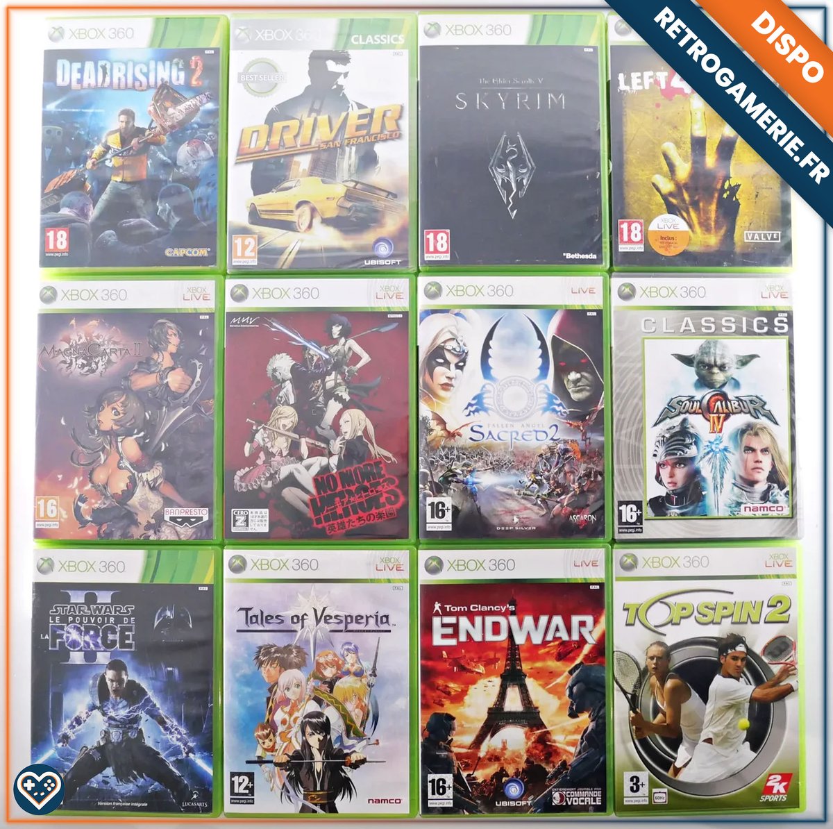 Retrogamerie's tweet image. 🆕 Nouvel arrivage #Xbox360 !

- Tales of Vesperia
- Magna Carta II
- No More Heroes: Heroes’ Paradise
- Sacred 2 : Fallen Angel
- Tom Clancy's EndWar
- Driver : San Francisco
- Star Wars : Le Pouvoir de la Force II
- Top Spin 2
- Dead Rising 2
- The Elder Scrolls V : Skyrim
-