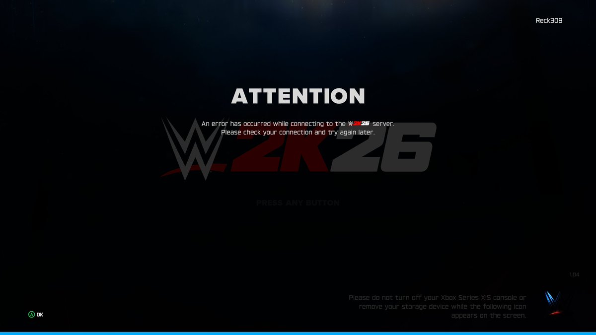 SeanReck308's tweet photo. Can't have three matches before this server failure crap pops up #WWE2K26. Every single year, the servers are garbage for like two months. It never ceases to amaze me how you all make so much money in revenue and can't provide a Day 1 quality online experience @WWEgames https://t.co/lFaGVz1tiE