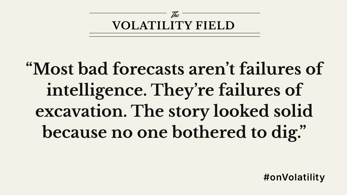 onvolatility's tweet photo. Forecasts rarely fail because the math was wrong. They fail because the model underneath never got questioned. In volatile systems, thinking isn’t prediction—it’s excavation. Dig past the narrative to find the real structure. (hard work) https://t.co/ld8G8dv9Ap