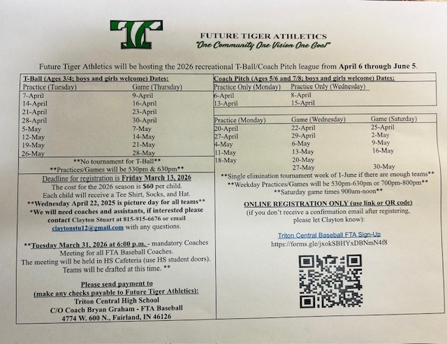 TCMSTigers's tweet photo. GET SIGNED UP ASAP-Future Tiger Athletics will be hosting the 2026 Recreational T-Ball/Coach Pitch Baseball League from April 6 through June 5 here on the TC Campus. ONLINE REGISTRATION ONLY (use link or QR code): https://t.co/cwIxqwIF6w https://t.co/7J3AkK2dPq