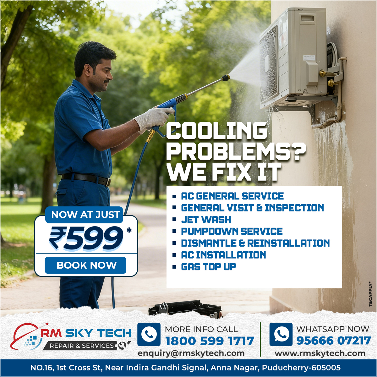 AC Service &amp; Repair Puducherry | Professional Jet Wash @ ₹599* - RM Skytech
#ACService #Puducherry #ACRepair #RMSkytech #SummerReady #AirConditionerService #PondyDiaries #AnnaNagar #JetWash #CoolingSolutions #MaintenanceServices #PuducherryBusiness #HomeServices