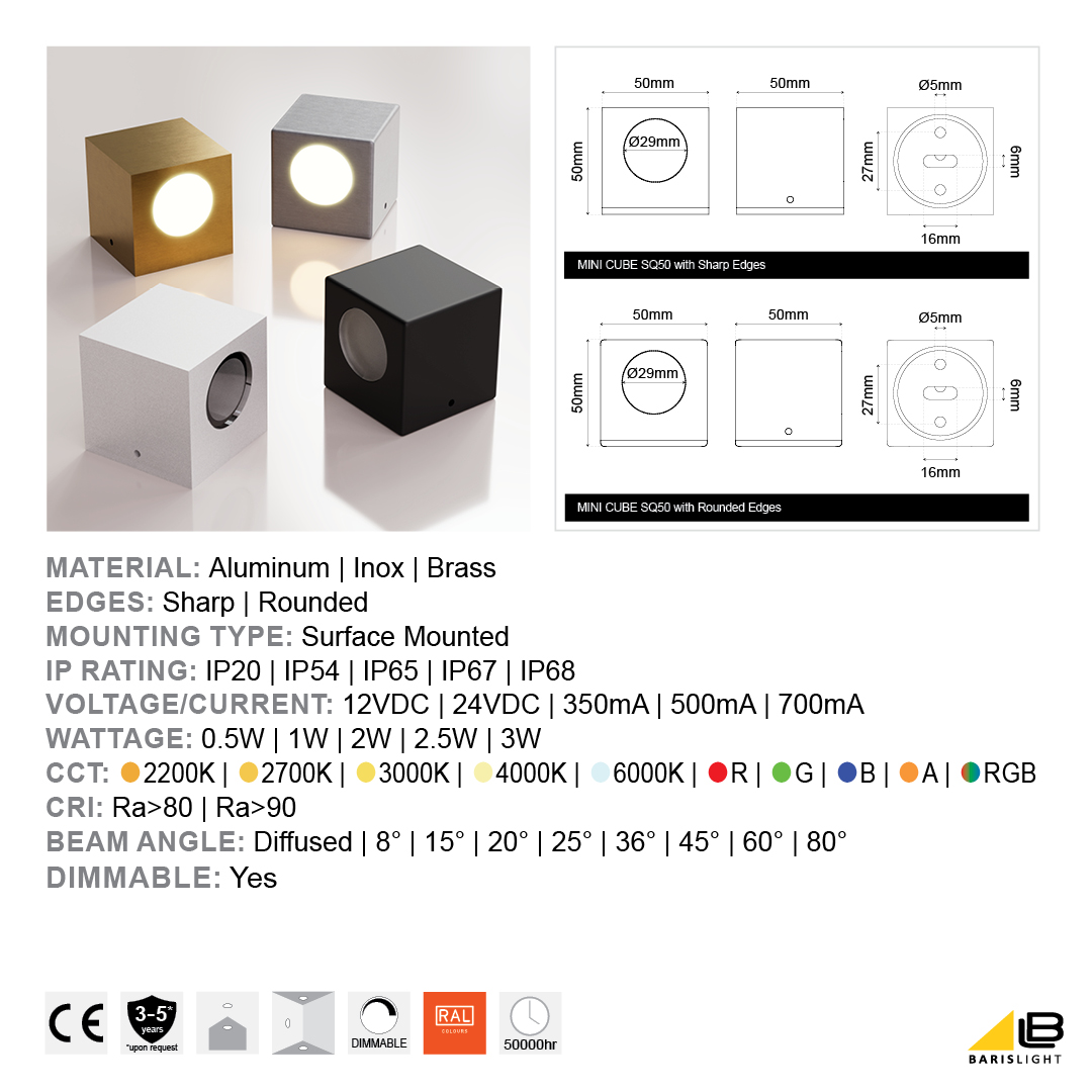 5 cm cubes by BARISLIGHT® designed for precise architectural lighting.
Beams from D8–80° or diffused, 0.5–3W, 2200K–6000K or RGB, multiple materials and finishes, sharp or rounded edges, and protection up to IP68.