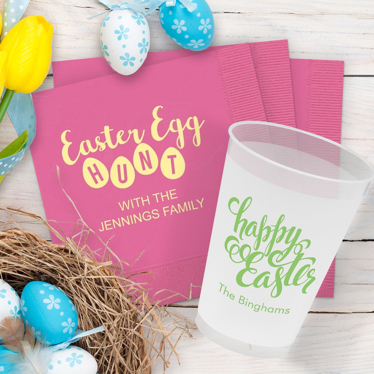 🐰 HOP to it and get a JUMP start on Easter 🐣 with personalized placemats, plates, napkins, cups and more to make your brunch or dinner EGG-stra special! #Easter2026  Shop 🛒: tinyurl.com/4hfrepxn