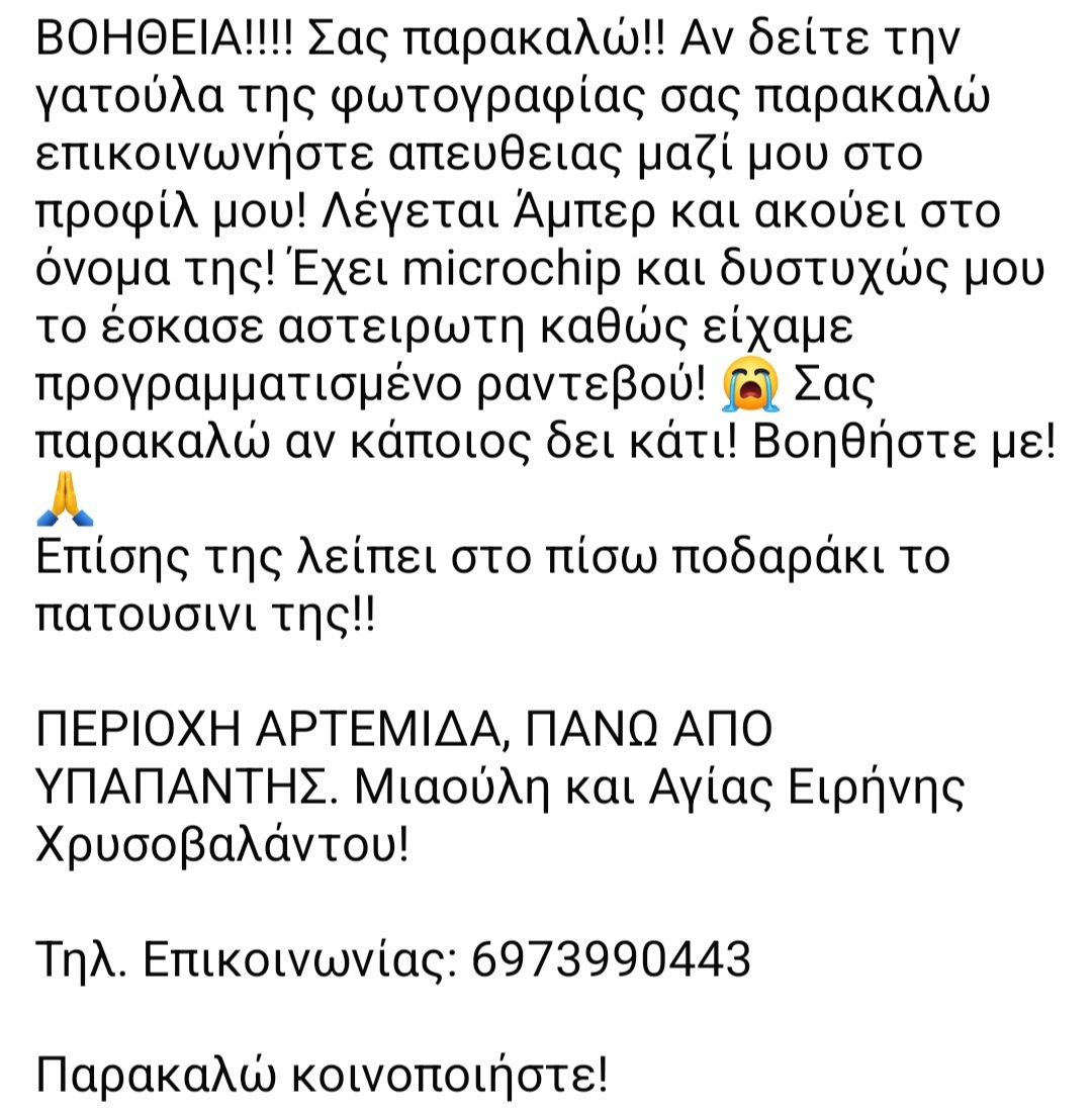 🆘️🆘️🆘️
Χάθηκε η Αμπερ περιοχή Αρτέμιδα,πάνω απο Υπαπαντής,Μιαούλη κ Αγίας Ειρήνης Χρυσοβαλαντου
Έχει τσιπ,δν είναι στειρωμενη
Ο άνθρωπος της την ψάχνει με αγωνία 
Για οποιαδήποτε πληροφορία καλέστε άμεσα στο τηλ 
Rt 🙏🙏🙏