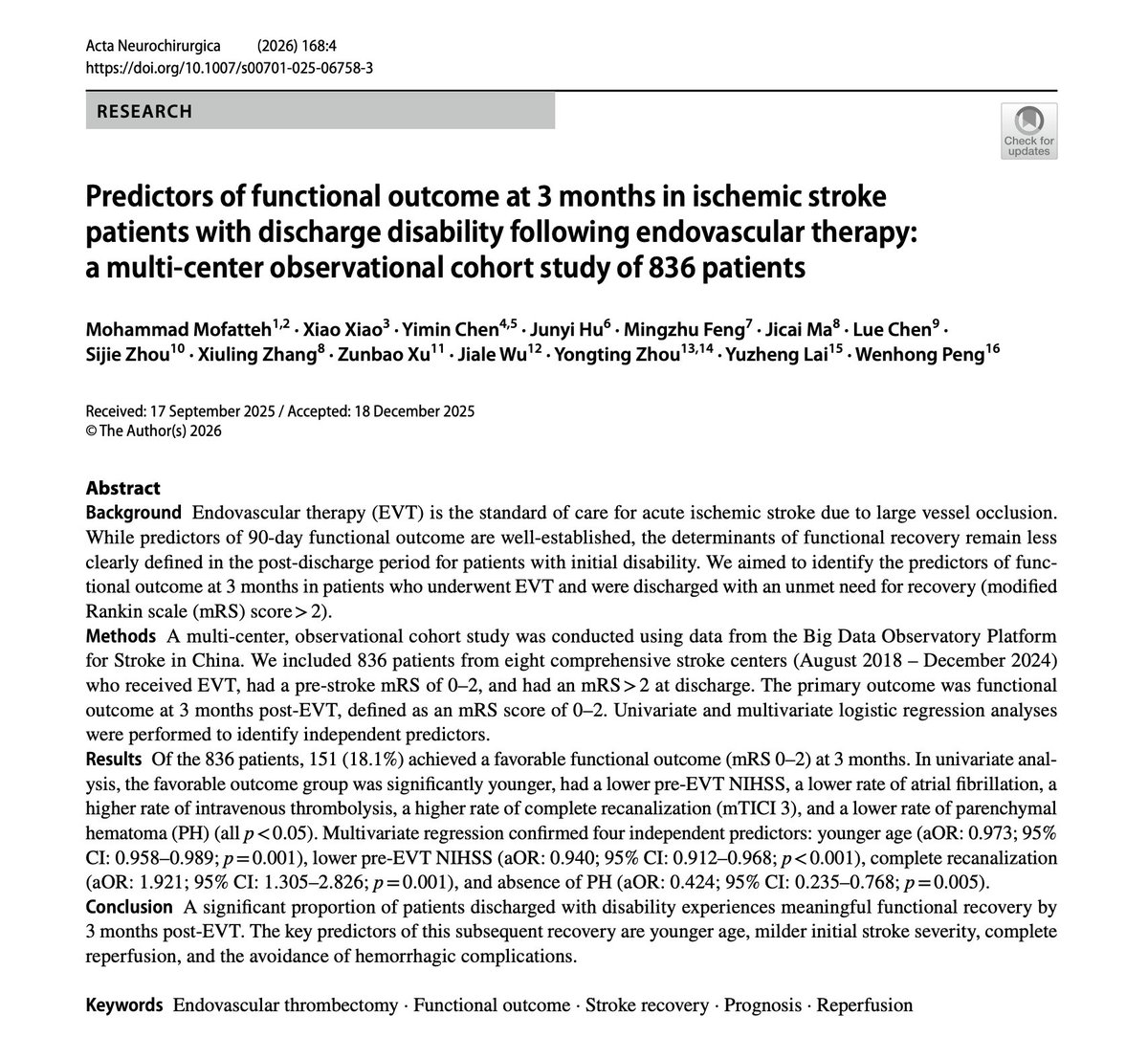 Neuro_IC's tweet photo. Congrats to our co-Founder @DrMofatteh on his latest first-author #neurosurgery publication in @ActaNeuro. This multi-center study investigates functional recovery in #stroke patients undergoing EVT &amp; identifies key predictors of post-discharge recovery 🔽 https://t.co/mnyagrVQaM https://t.co/PNP3V0X0Bf