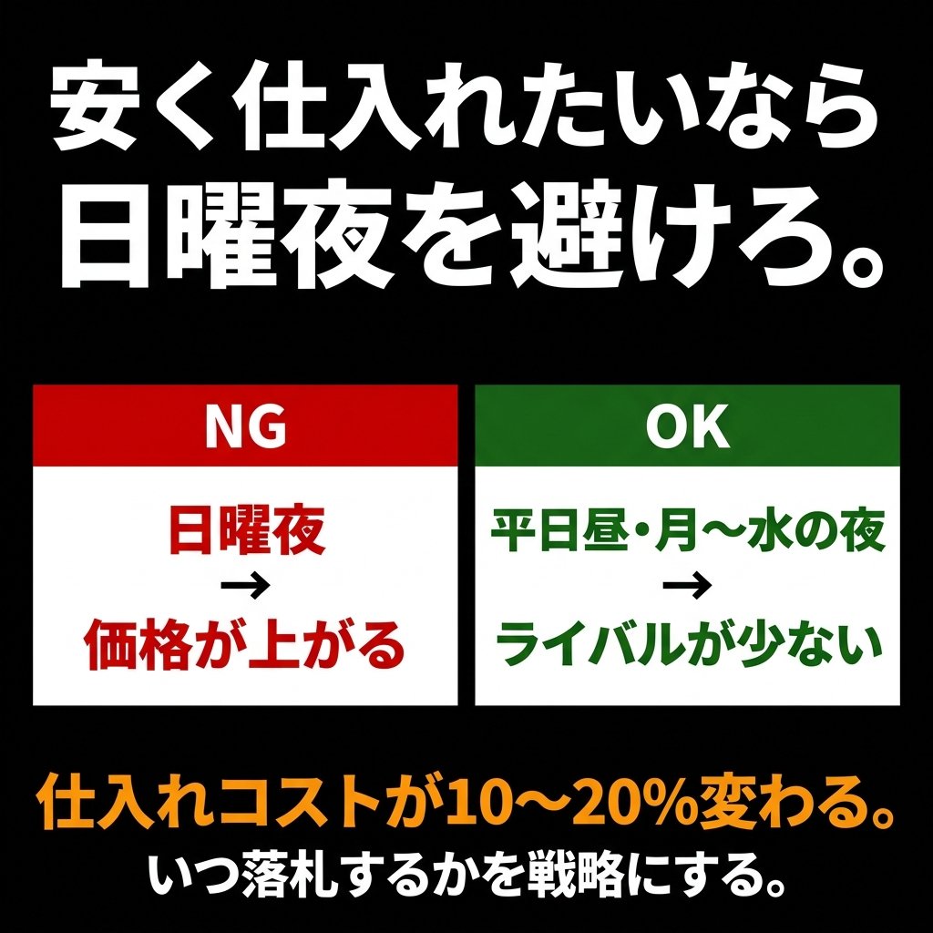 ヤフオクで安く仕入れたいなら
「日曜夜」を避けろ。

全員が同じタイミングで入札するから
当然価格が上がる。

狙うのは
・平日の昼間
・月曜〜水曜の夜

ライバルが少ない時間に
入札が少ない商品を拾う。

これだけで仕入れコストが
体感で10〜20%は変わる。