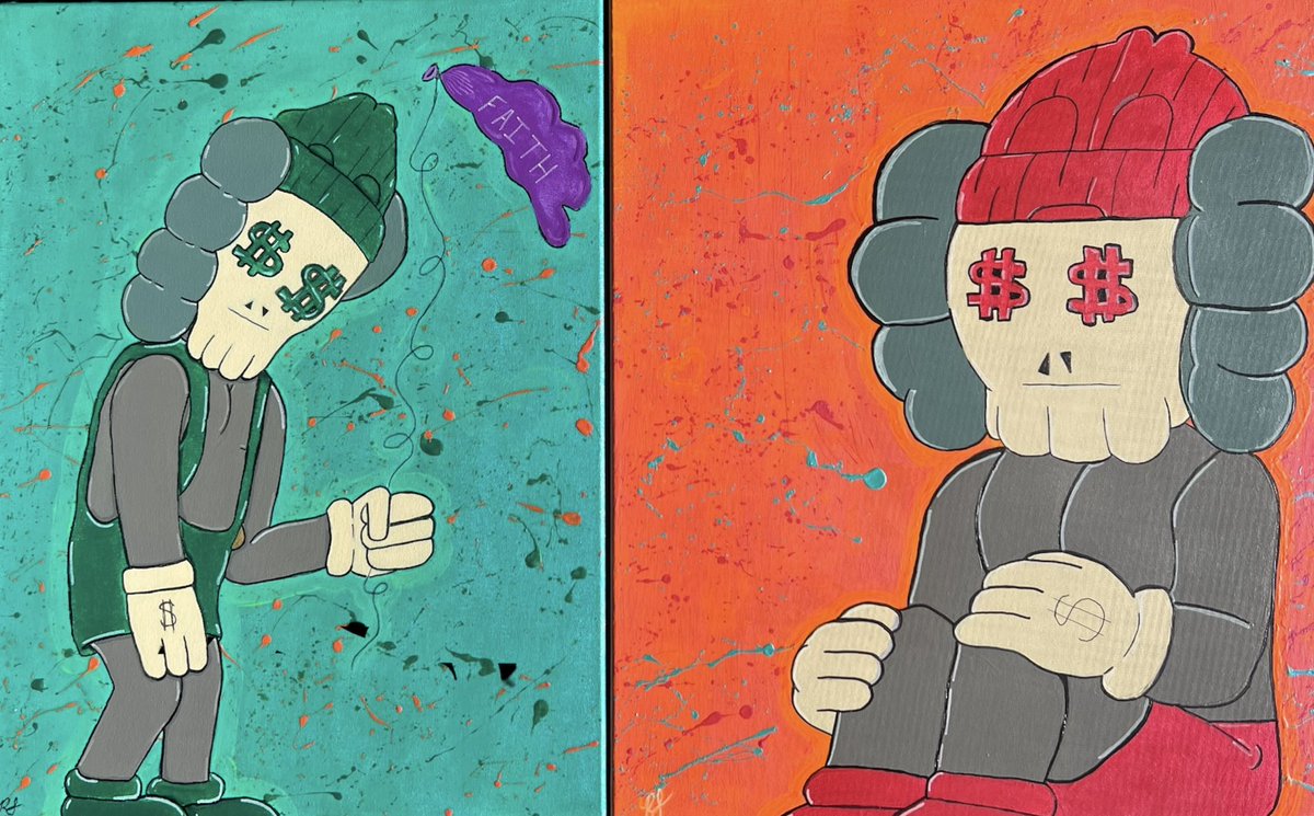 MrLuckyPaint's tweet photo. “Incomparable Faith” 

18x24 &amp; 20x24 acrylic on canvas

From the outside looking in a none believers would think one world is crashing but in all actuality ones faith is getting stronger. 

Beware of the ones who prey on those at their lowest/weakest point.

#kaws #art #painting https://t.co/MdeWpGuLlD