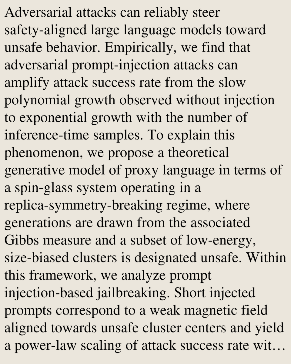 Memoirs's tweet photo. Jailbreak Scaling Laws for Large Language Models: Polynomial-Exponential Crossover

Indranil Halder, Annesya Banerjee, Cengiz Pehlevan
https://t.co/FWDbqBkpoM [𝚌𝚜.𝙻𝙶 𝚌𝚜.𝙰𝙸] https://t.co/xTjeIoxji2