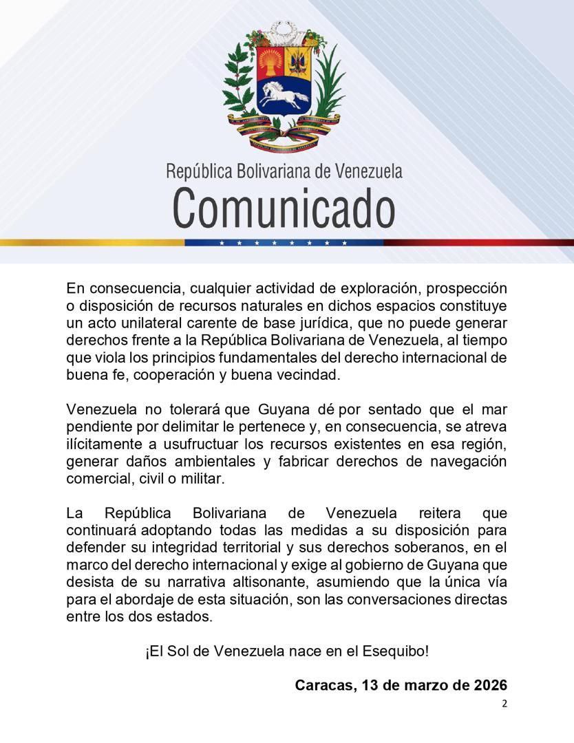 Yojan_Patriota's tweet photo. Venezuela rechaza categóricamente las afirmaciones del Gobierno de la República Cooperativa de Guyana, relativas a su ilegal acción en aguas no delimitadas, las cuales constituyen un nuevo intento de desvirtuar y desconocer los derechos de Venezuela sobre las aguas pendientes por delimitar entre ambas naciones, un acto de usurpación de áreas marítimas que se suma a su conducta de desconocimiento del Acuerdo de Ginebra de 1966, relativo a la controversia por el espacio terrestre de la Guayana Esequiba @yvangil @delcyrodriguezv